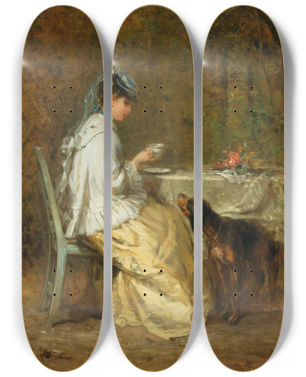 Triptych art skateboard deck of Philipp Rumpf Tea In The Garden by Philipp Rumpf (1821-1896)