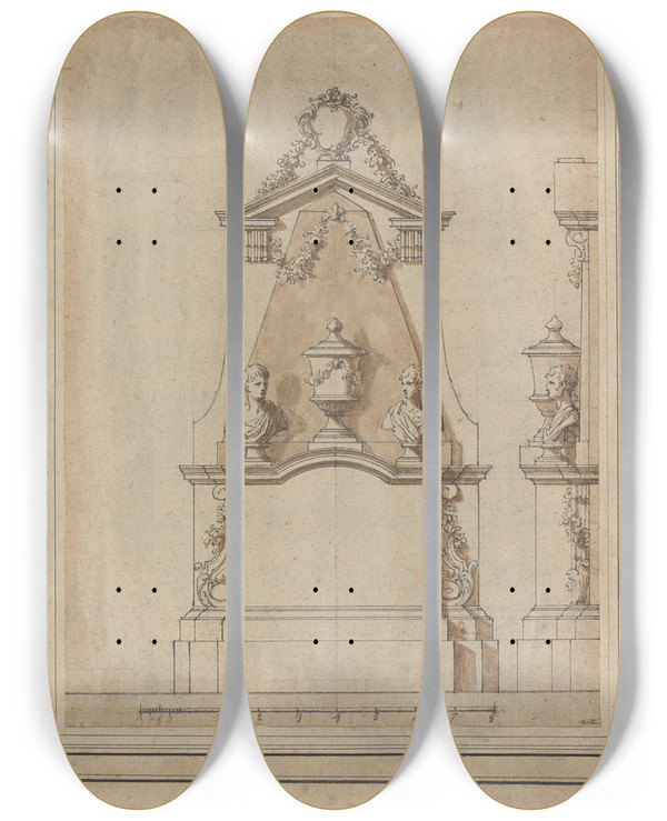 Triptych art skateboard deck of John Michael Rysbrack Design For A Monument To Sir James Reade Hatfield by John Michael Rysbrack (1694-1770)