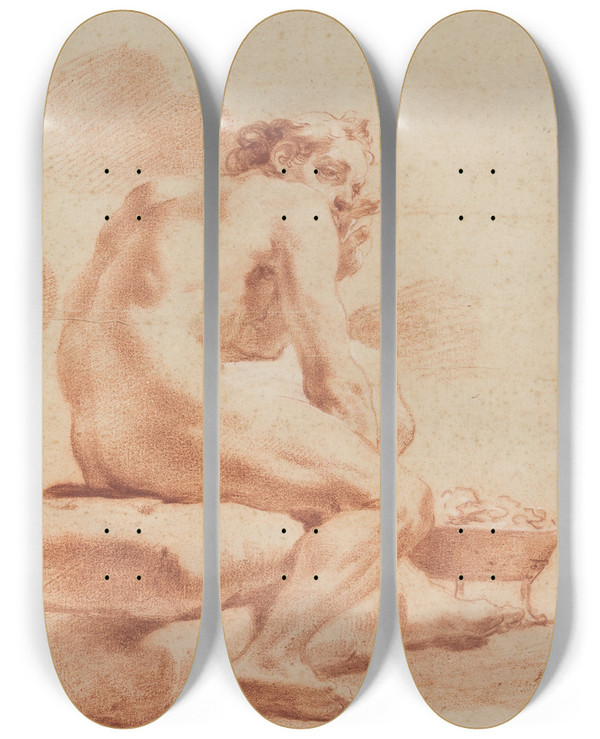 Triptych art skateboard deck of Gaetano Gandolfi A Young Man Warming Himself At A Brazier by Gaetano Gandolfi (1734-1802)