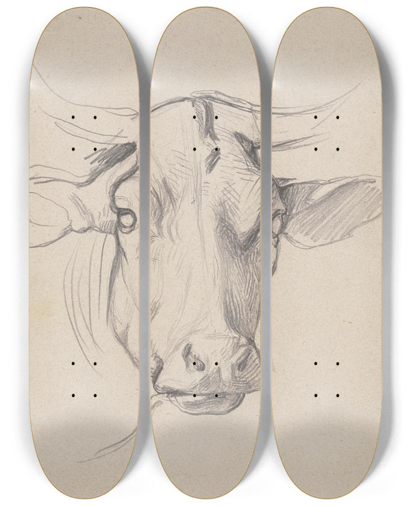 Triptych art skateboard deck of Jakob Becker Head Of A Cow by Jakob Becker (1810-1872)
