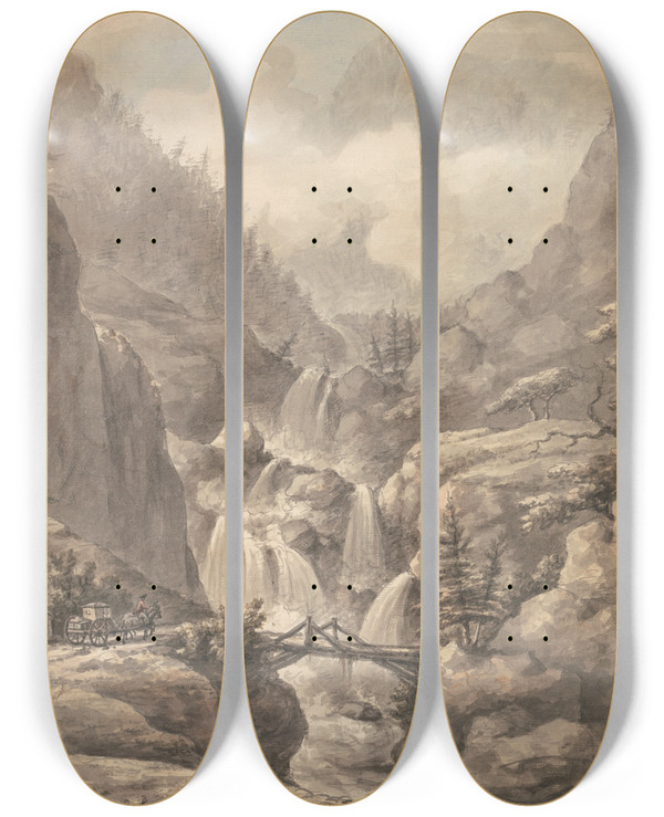 Triptych art skateboard deck of William Marlow A Chaisse Passing Through The Alps by William Marlow (1740-1813)