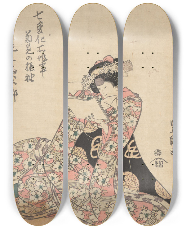 Triptych art skateboard deck of Toyokuni Utagawa Woman In Elaborate Flowered Kimono Reading Letter by Toyokuni Utagawa (1769-1825)