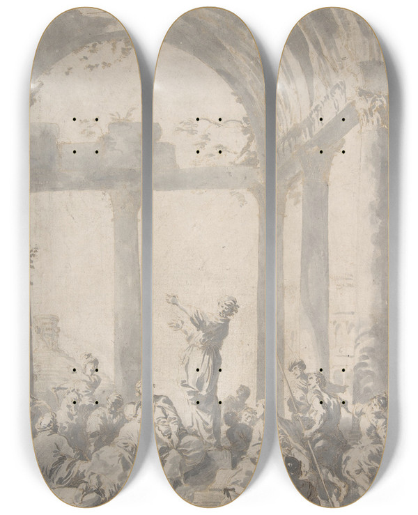 Triptych art skateboard deck of Giovanni Paolo Panini Saint Paul Preaching In Athens by Giovanni Paolo Panini (1691-1765)