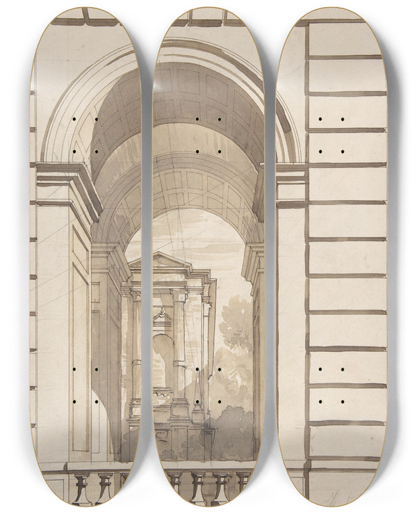 Triptych art skateboard deck of Julesedmondcharles Lachaise Design For Stable Arches Htel Candamo_1 by Jules-Edmond-Charles Lachaise (1897)