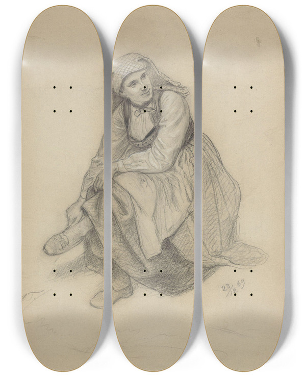 Triptych art skateboard deck of Adolph Tidemand Sittende Kvinne Som Tar Av Seg Skoen by Adolph Tidemand (1814-1876)