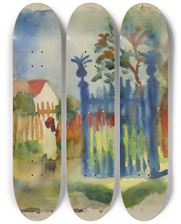 Triptych art skateboard deck of August Macke Garden Gate by August Macke (1887-1914)