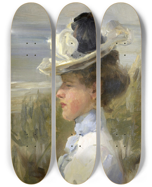 Triptych art skateboard deck of Isaac Israls Young Woman Gazing At The Sea by Isaac Israels (1865-1934)