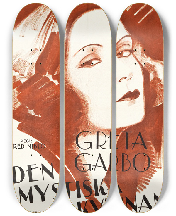 Triptych art skateboard deck of Eric Rohman The Mysterious Lady by Eric Rohman (1891-1949)