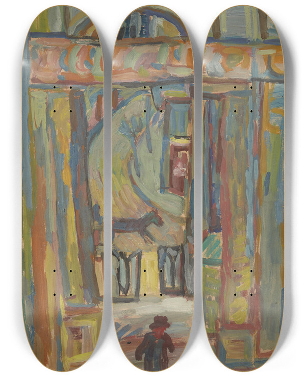 Triptych art skateboard deck of Sasza Blonder Czowiek Na Tle Wejcia Do Ogrodu by Sasza Blonder (1909-1949)