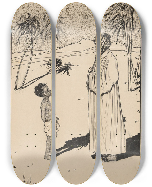 Triptych art skateboard deck of Nelly Spoor Jongen En Man Met Tulband In Een Woestijnlandschap by Nelly Spoor (1885-1950)