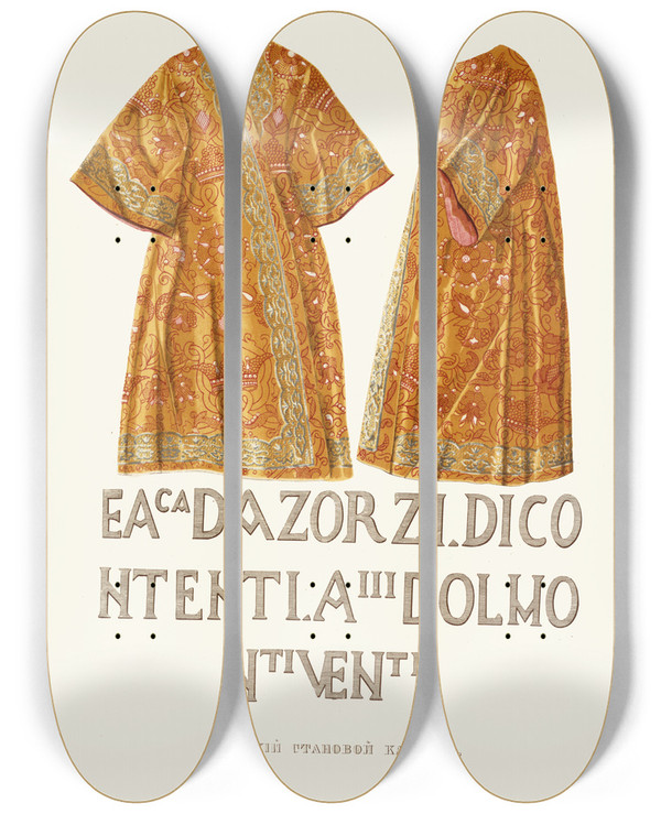 Triptych art skateboard deck of Fedor Grigoryevich Solntsev Tsarskii Stanovoi Kaftan Izobrazhenie 1 Slova Na Okonechnosti Rukava Po Kromke Zolotoi Tkani V Nast Velich by Fedor Grigoryevich Solntsev (1801-1892)