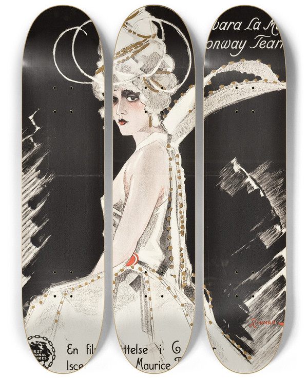 Triptych art skateboard deck of Eric Rohman The White Moth by Eric Rohman (1891-1949)