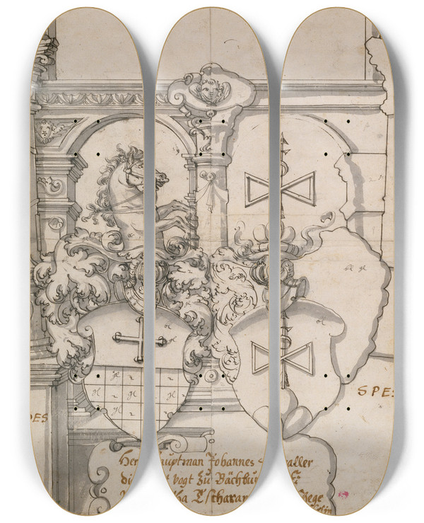 Triptych art skateboard deck of Hans Jacob Plepp Stained Glass Design With Two Coats Of Arms by Hans Jacob Plepp (1557-1597)