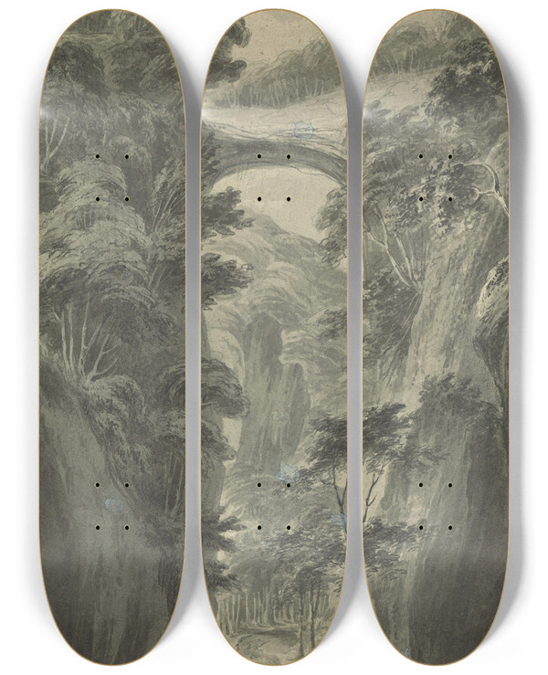 Triptych art skateboard deck of Isaac Weld View Of The Rock Bridge by Isaac Weld (1774-1856)