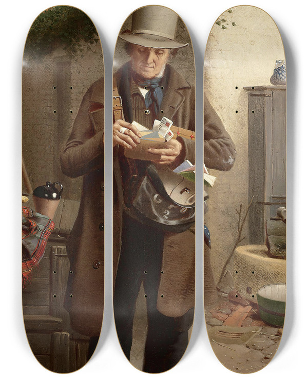 Triptych art skateboard deck of William Edward Millner The Postman by William Edward Millner (1849-1895)