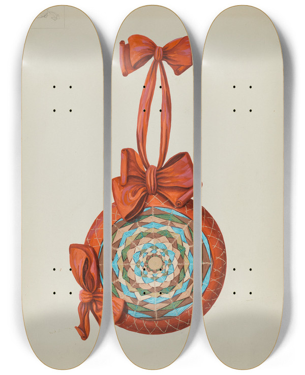 Triptych art skateboard deck of Ruth M Barnes Pincushion by Ruth M Barnes