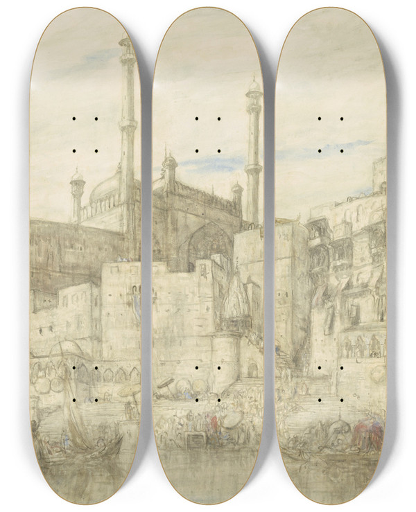 Triptych art skateboard deck of Marius Bauer Aan De Ganges Bij Benares by Marius Bauer (1867-1932)