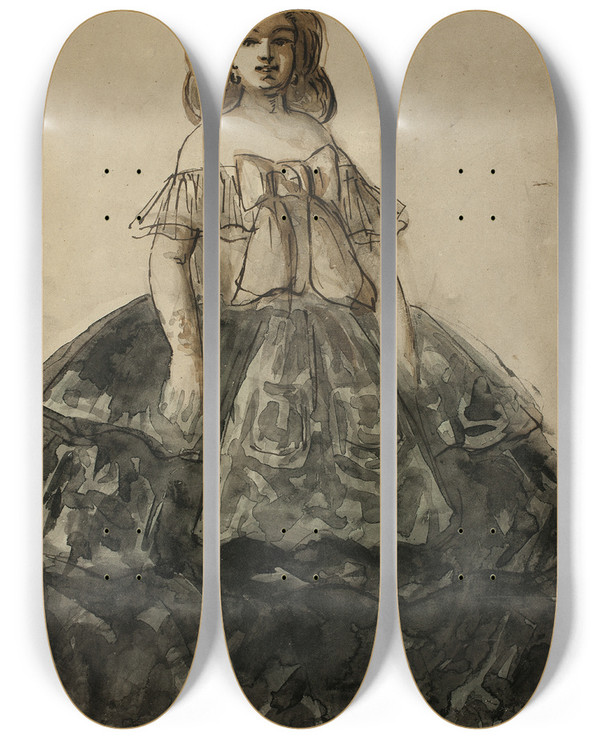 Triptych art skateboard deck of Constantin Guys Standing Woman_1 by Constantin Guys (1805-1892)
