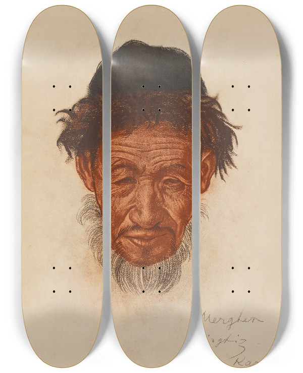 Triptych art skateboard deck of Alexandre Jacovleff Un Vieux Kirghize Peyik Sinkiang by Alexandre Jacovleff (1887-1938)