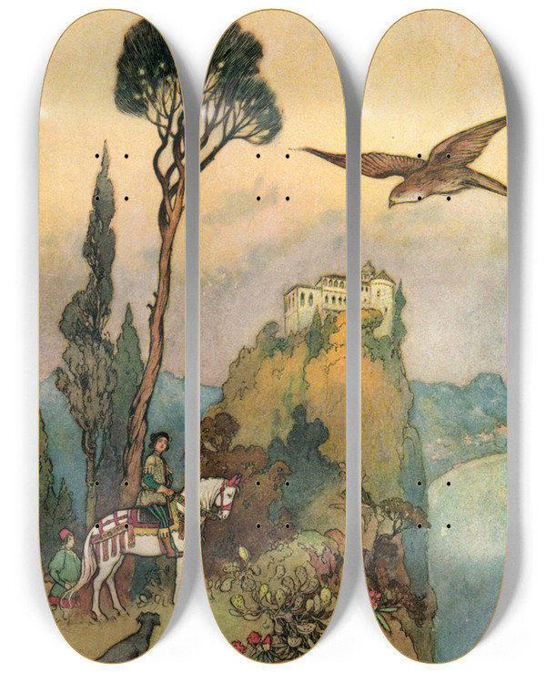 Triptych art skateboard deck of Warwick Goble The King And The Falcon Outside The Palace by Warwick Goble (1862-1943)