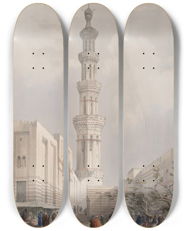 Triptych art skateboard deck of David Roberts Minaret Of The Principal Mosque Siout Upper Egypt by David Roberts (1796-1864)