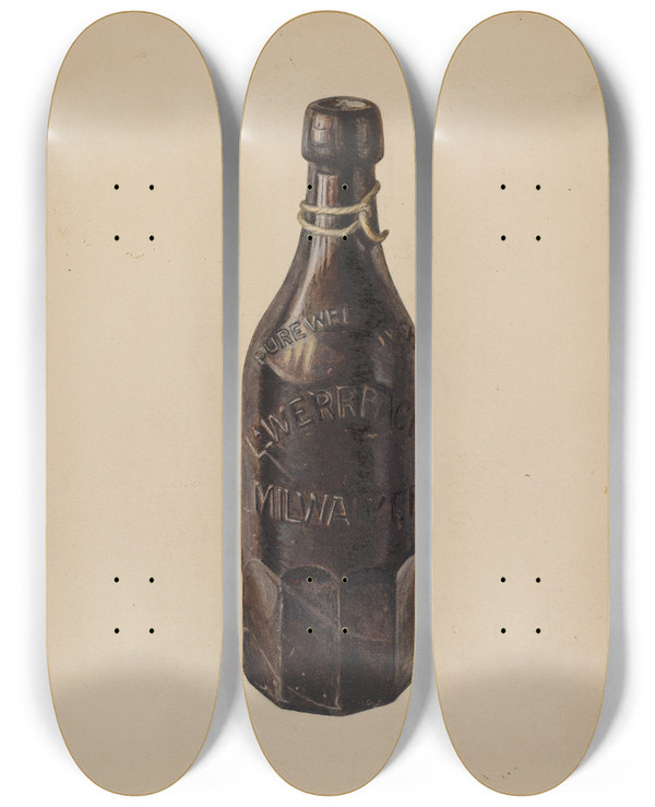 Triptych art skateboard deck of Herman O Stroh Weiss Beer Bottle by Herman O Stroh