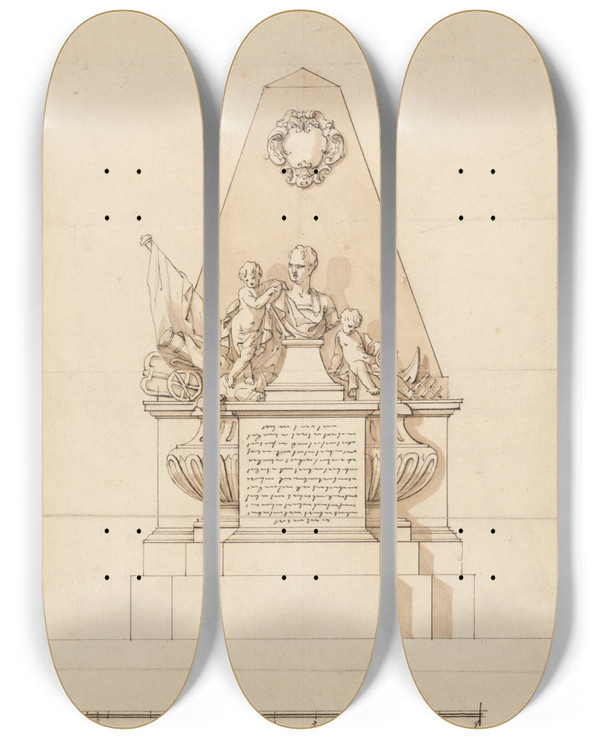 Triptych art skateboard deck of John Michael Rysbrack A Monument Male Bust With Military Emblems by John Michael Rysbrack (1694-1770)