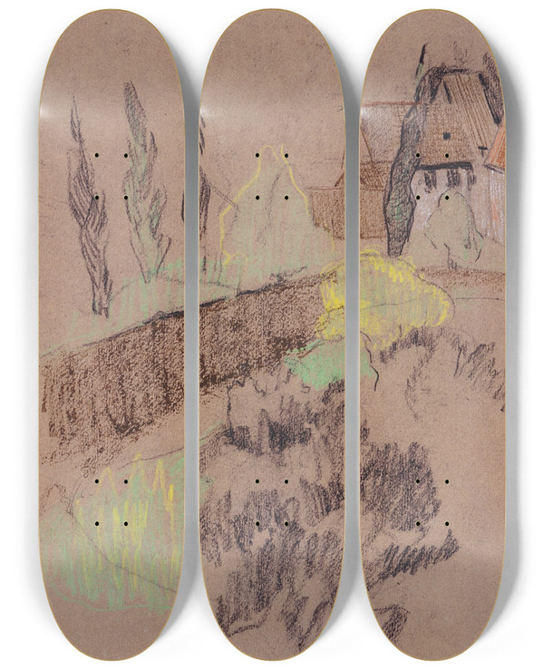 Triptych art skateboard deck of Paul Srusier Landscape With Houses by Paul Serusier (1864-1927)