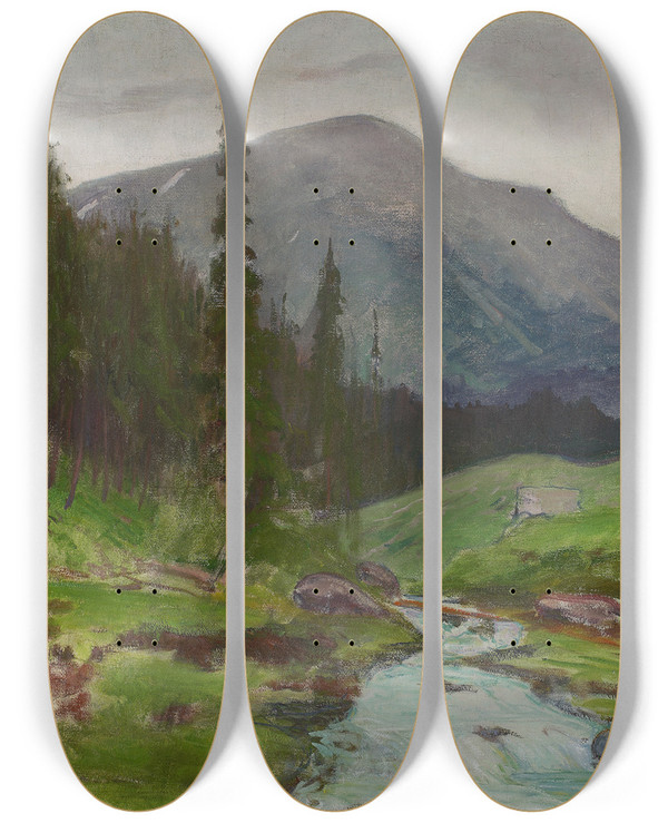 Triptych art skateboard deck of Wadysaw Lewiski Mountain Landscape_1 by Wadysaw lewiski (1854-1918)