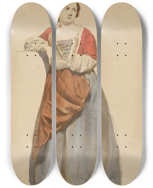 Triptych art skateboard deck of Vojtech Klimkovi Standing Woman In Albanian Traditional Costume by Vojtech Klimkovic (1833-1885)