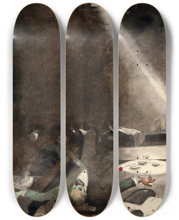 Triptych art skateboard deck of Krlis Padegs Five Oclock Tea In The Morgue by Karlis Padegs (1911-1940)