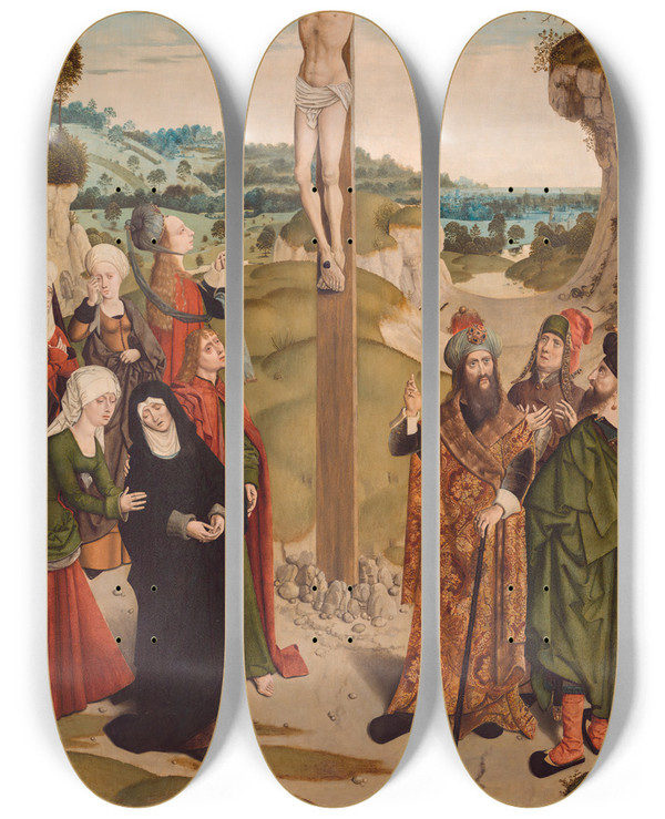 Triptych art skateboard deck of Master Of The Tiburtine Sibyl Crucifixion by Master of the Tiburtine (1475-1495)