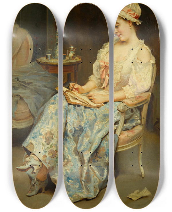 Triptych art skateboard deck of Raimundo De Madrazo Y Garreta A Moment Of Reflection by Raimundo De Madrazo Y Garreta (1841-1920)