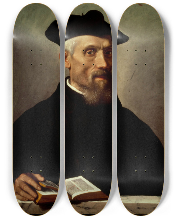 Triptych art skateboard deck of Giovanni Battista Moroni Portrait Of An Ecclesiastic by Giovanni Battista Moroni (1525-1578)