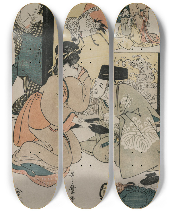 Triptych art skateboard deck of Kitagawa Utamaro Chushingura Act I Of The Storehouse Of Loyalty by Kitagawa Utamaro (1753-1806)