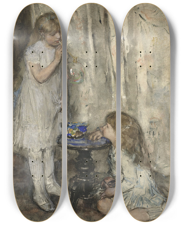 Triptych art skateboard deck of Jacob Maris Two Girls Blowing Bubbles by Jacob Maris (1837-1899)