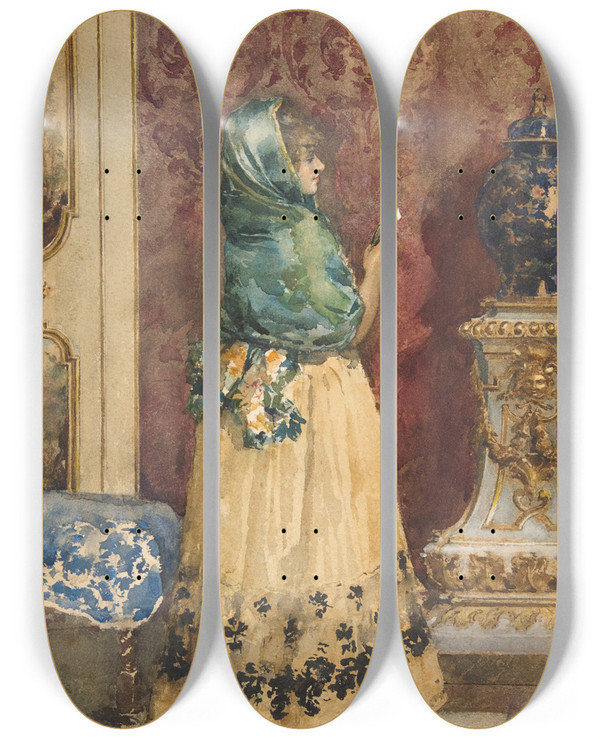 Triptych art skateboard deck of Attilio Simonetti The Miniature by Attilio Simonetti (1843-1925)