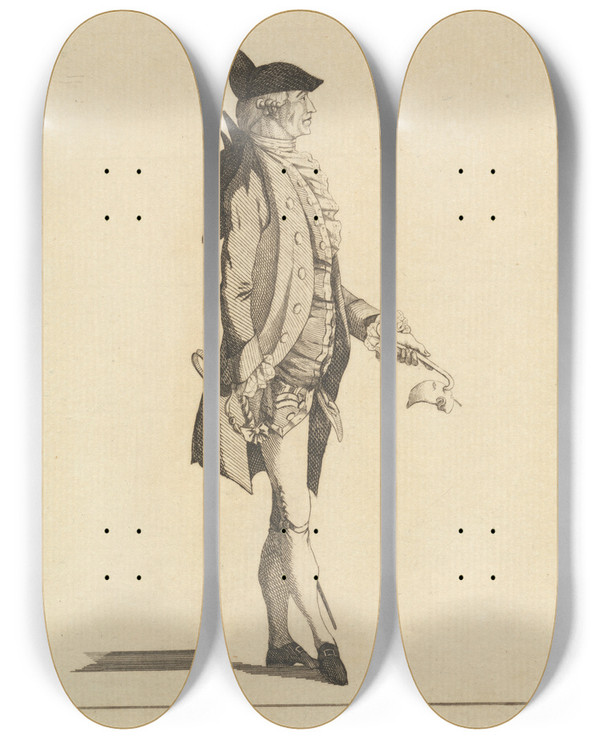 Triptych art skateboard deck of Mary Darly The Accoucheur Macaroni by Mary Darly (1756-1779)