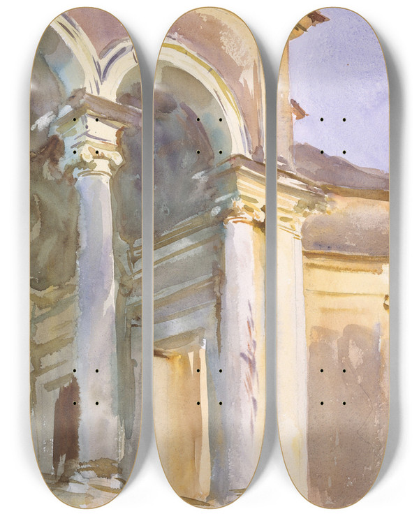 Triptych art skateboard deck of John Singer Sargent Loggia Villa Giulia Rome by John Singer Sargent (1856-1925)