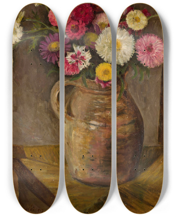 Triptych art skateboard deck of Tadeusz Makowski Asters And Zinnias In A Clay Jug by Tadeusz Makowski (1882-1932)