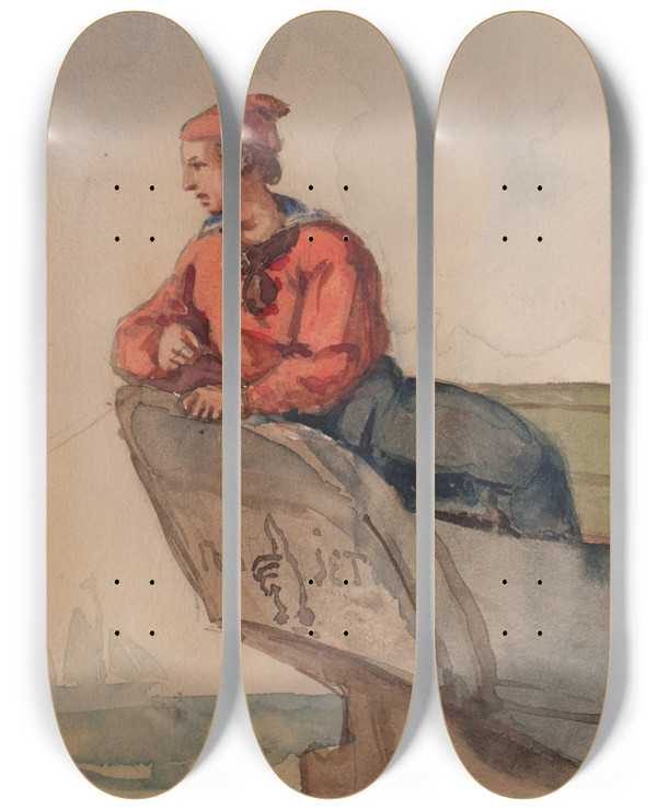 Triptych art skateboard deck of Bror Jacob Adelborg Gosse Fiskande Med Drag Sittande I Aktern P Bten Njet by Bror Jacob Adelborg (1816-1865)