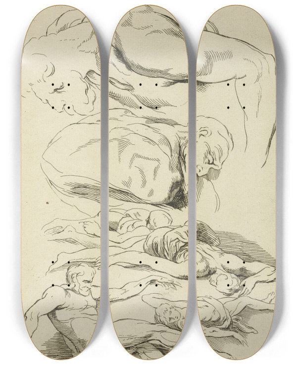 Triptych art skateboard deck of Peter Paul Rubens Six Studies Of Male Figures In Various Prone And Supine Positions by Peter Paul Rubens (1577-1640)