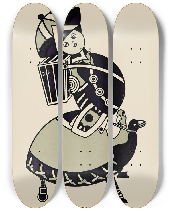 Triptych art skateboard deck of Augustus Jansson Queen City Ink Ad 15 by Augustus Jansson (1863-1931)