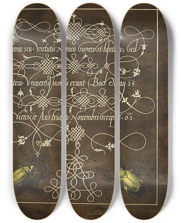 Triptych art skateboard deck of Joris Hoefnagel Ground Beetle And Scarab by Joris Hoefnagel (1542-1600)