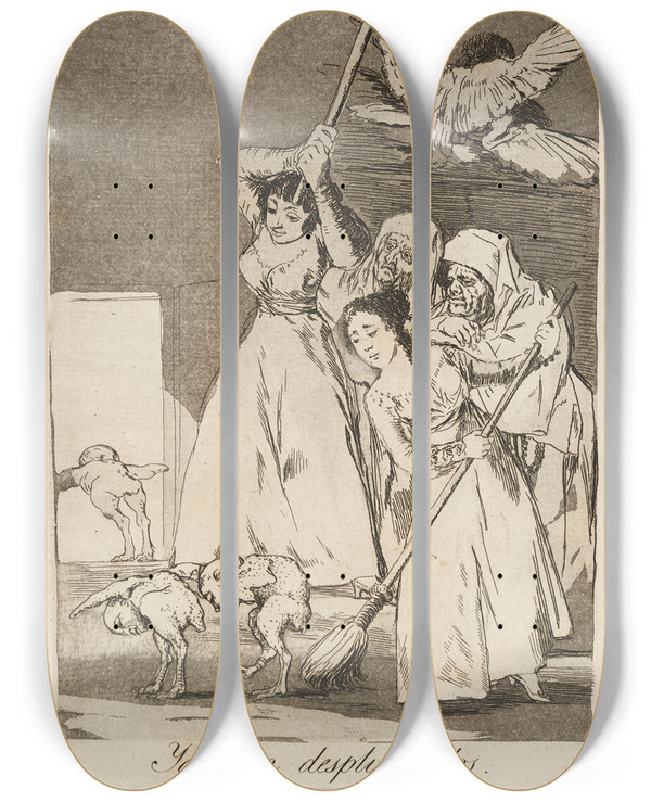 Triptych art skateboard deck of Francisco De Goya Ya Van Desplumados There They Go Plucked by Francisco de Goya (1746-1828)