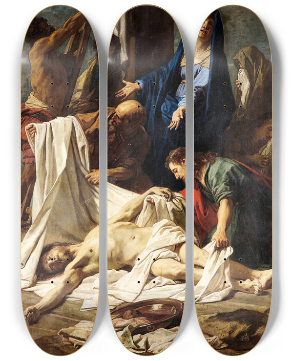 Triptych art skateboard deck of Jean Jouvenet La Deposition De La Croix by Jean Jouvenet (1644-1717)
