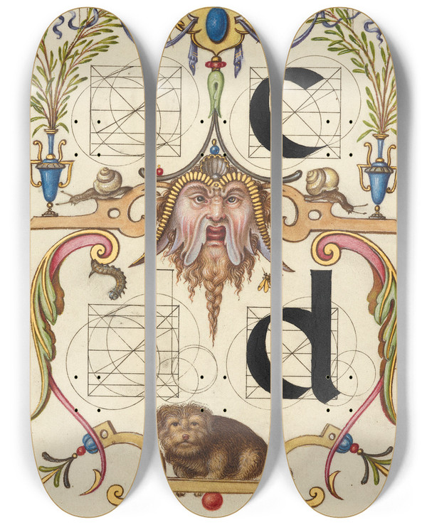 Triptych art skateboard deck of Joris Hoefnagel Guide For Constructing The Letters C And D by Joris Hoefnagel (1542-1600)