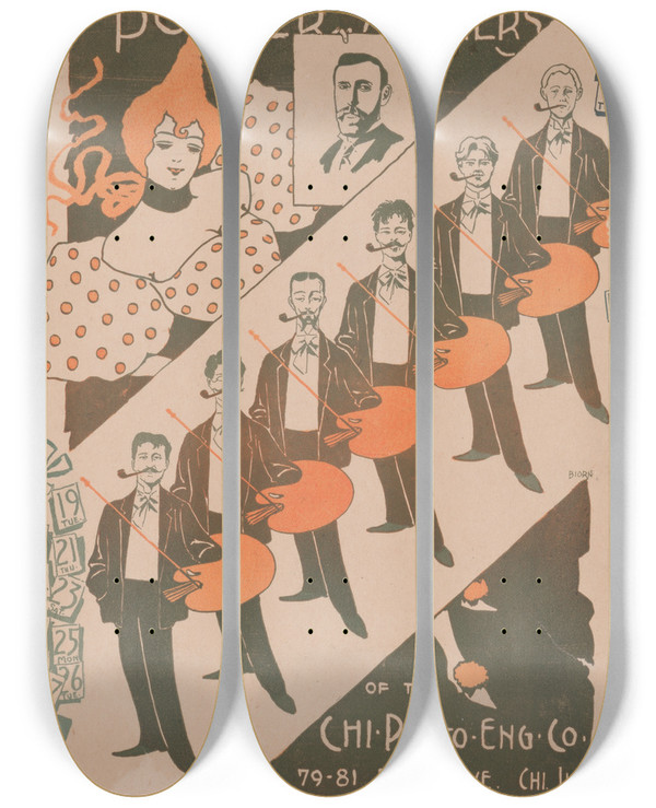 Triptych art skateboard deck of Emil Biorn Poster Makers Of The Chicago Photo Engraving Co by Emil Biorn (1864-1935)