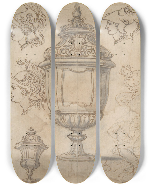 Triptych art skateboard deck of Giovanni Battista Foggini Sheet With Sketches And Designs For Two Vases Three Classical Heads En Profil And Two Slave Figures by Giovanni Battista Foggini (1652-1725)