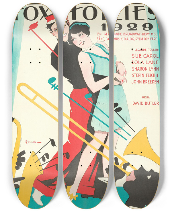 Triptych art skateboard deck of Eric Rohman Fox Movietone Follies Of 1929 by Eric Rohman (1891-1949)